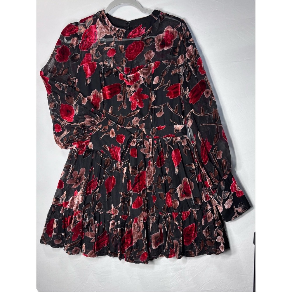 Fate Womens Red Black Burnout Velvet Floral Long Sleeve Mini Dress Large